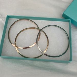 Tri color bangle bracelets, rose gold, silver and gold with Wave design